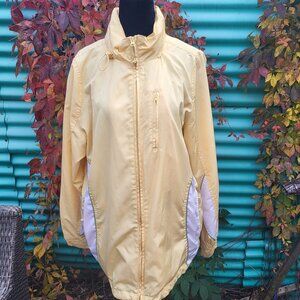 Vintage yellow and white rain jacket with hood